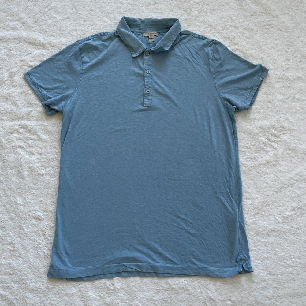 Burberry Brit Mens Blue Slub Cotton Polo Shirt Nova Check Placket Size Large